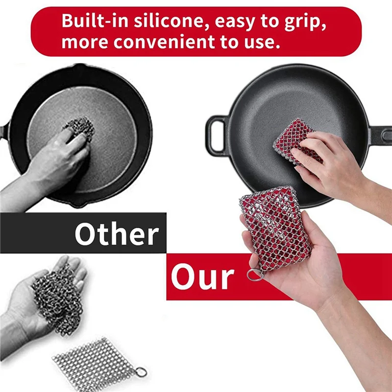 【Hot Cake】4X Cast Iron Skillet Cleaner,316 Stainless Steel Chainmail Cleaning Scrubber Silicone Scrubber,For Kitchen Cookware(Re