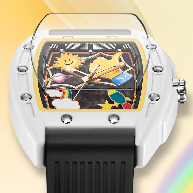 MARK FAIRWHALE Man Automatic Watch Personalized Fun Cool Graffiti Dial Rubber Strap Waterproof Mechanical Watches For Men