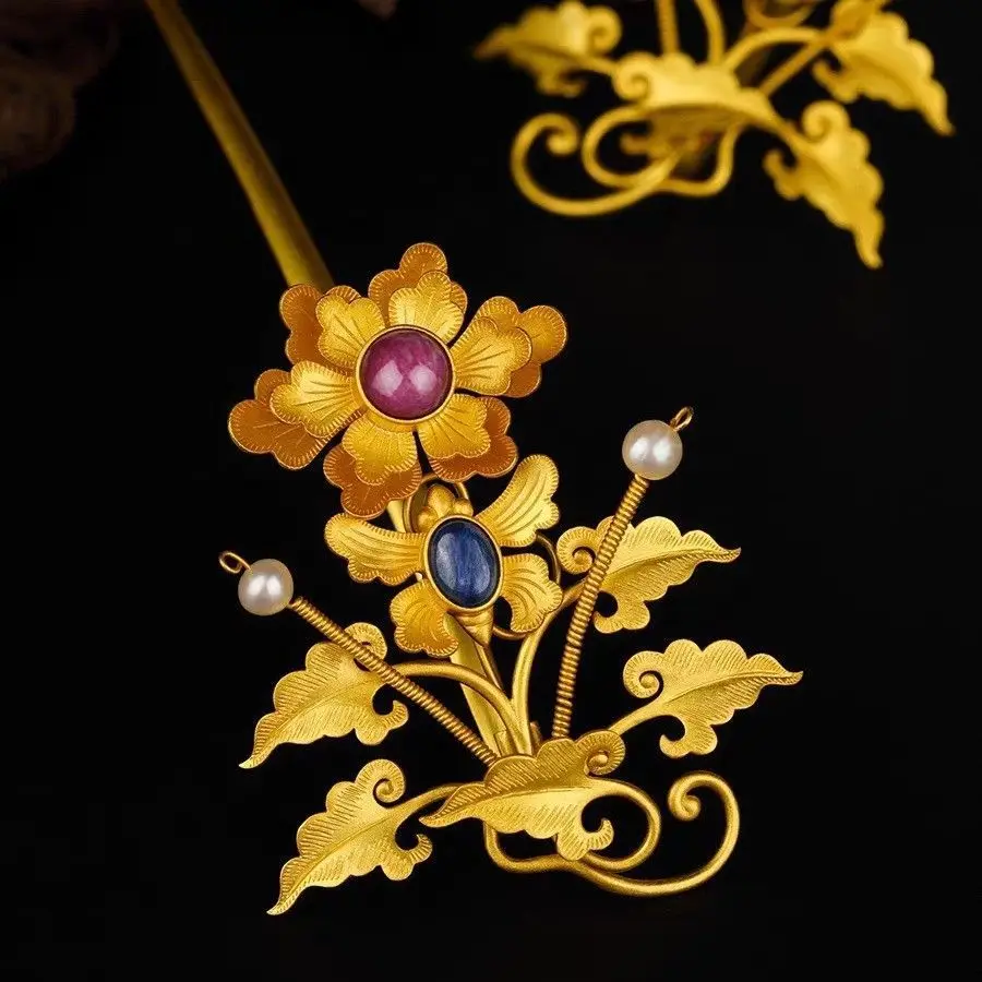 Restoration of The Ming Dynasty Red and Blue Butterfly Flower Pair Hairpin Copper Gold-plated Hairpin Treasure Hair Accessories