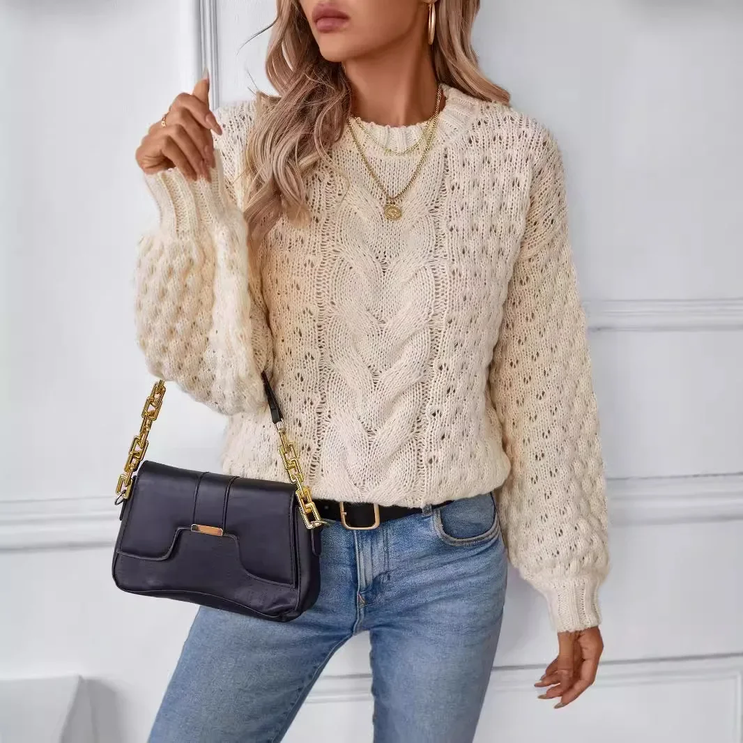 

Pullovers Women Knitted Tops Sweaters Round Neck Full Sleeve Casual Jumper Hollow Out Elegant Splice Jumpers Autumn Winter