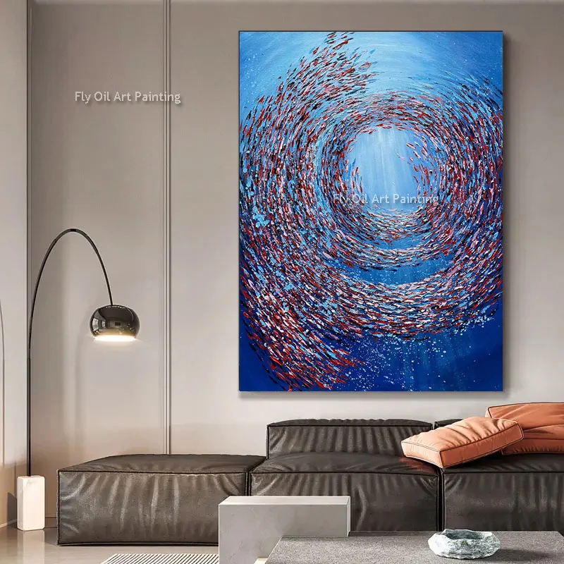 Dark Blue Deep Seascape Thick Oil Painting On Canvas Handmade Blue Sea Colorful School Fishes Swiming Wall Art For Room Decor