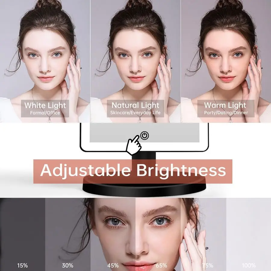 Grand miroir de maquillage éclairé avec lumières, 3 modes d'éclairage de couleur, miroir lumineux avec 88 LED, grossissement 10X et rotation à 360 degrés