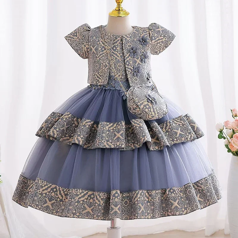 Elegant Jacquard Pattern Tulle Patchwork Dress Kids Girls Princess Party Casual Birthday Dresses 3pcs/set Warm Dress for Girls