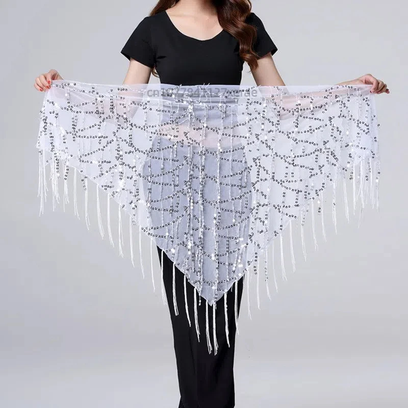 Traje de danza del vientre, bufanda triangular con borlas de lentejuelas, práctica de rendimiento, cadena de cintura, bufanda de cintura, cadena de cintura para danza del vientre para mujer