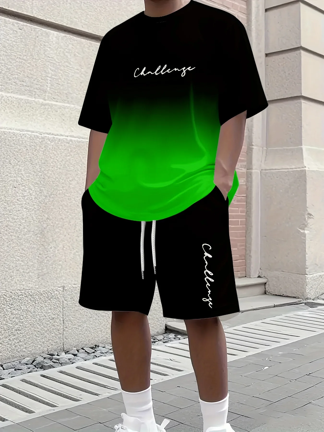 التدرج اللون تي شيرت رياضي السراويل 2 قطعة مجموعة الرجال التجفيف السريع الرياضة قصيرة الأكمام الجانب جيب الرباط السراويل الملابس #3