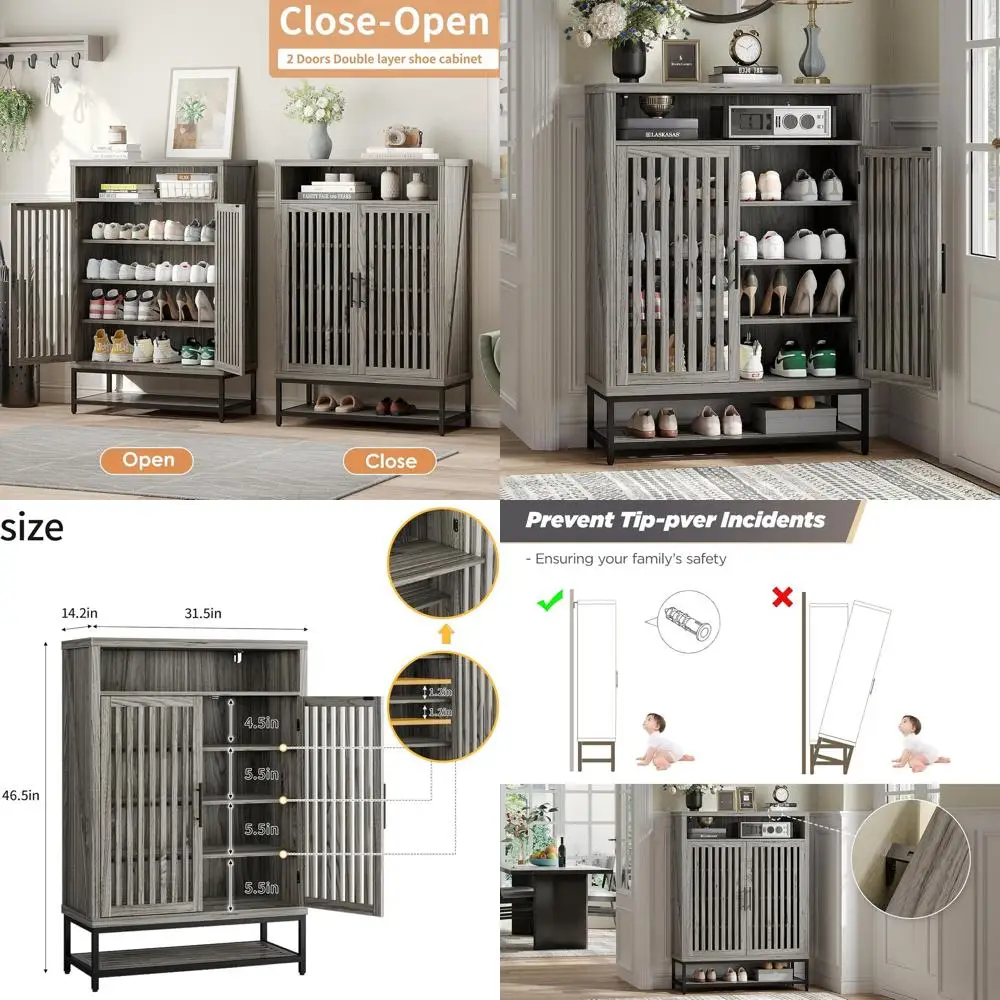 

6-уровневый вентилируемый шкаф для обуви с регулируемыми полками, серые, металлические ручки и ножки для хранения в прихожей