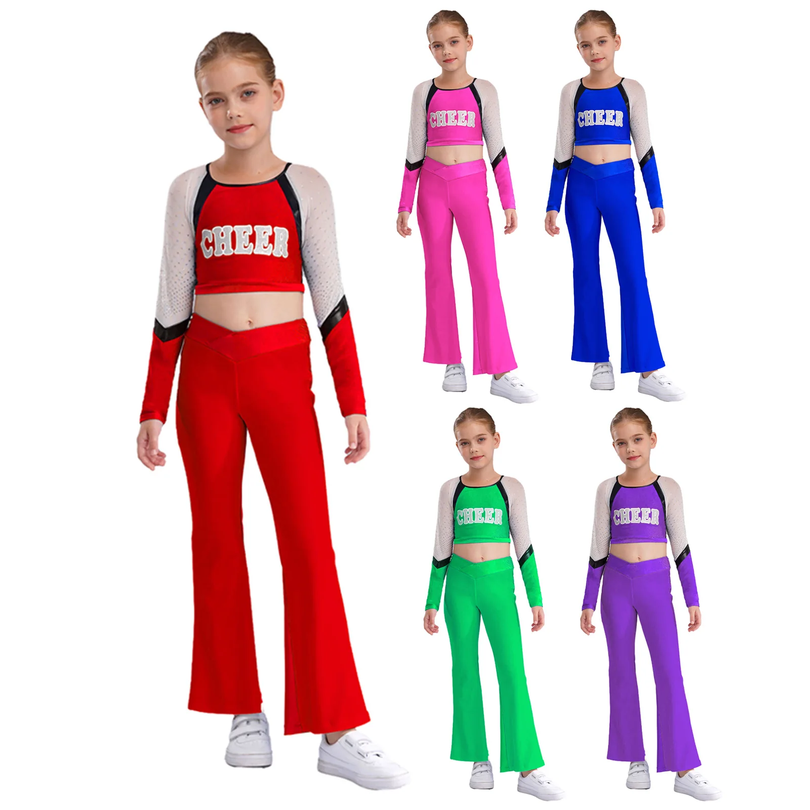 طفل الفتيات التشجيع موحدة المشجع أداء الرقص زي الراين طويلة الأكمام إلكتروني طباعة المحاصيل الأعلى متوهج السراويل