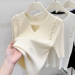 Summer Short Sleeve Knit Sweater Women Pullover Blusas Mujer De Moda 2024 Verano Beading O-Neck Knitted Women Sweater Tops G482