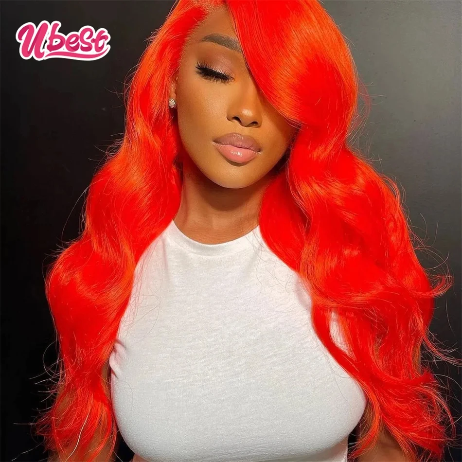 Ubest Wig rambut manusia 13X6 warna merah oranye 613 gelombang tubuh 13x4 Wig rambut manusia depan renda transparan untuk wanita