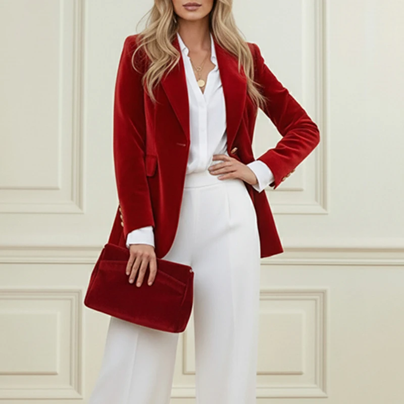 UOOZEE Women Notched Lapel Single Gold Button Velvet Blazer 2026 Autumn Solid Color Slim Fit Elegant Formal Office Suit Jacket view 4