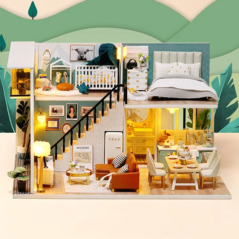 DIY Wooden Miniature Model Kit Modern Loft Casa Doll Houses Assembled Dollhouses 3D Puzzle With Furniture Light Home Decor Gifts