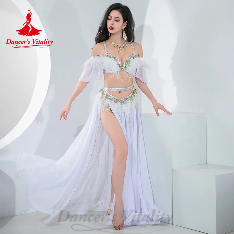 Personalizado AB Pedras Bra e Chiffon Dividir Saia Longa Trajes de Dança do Ventre, Vestuário Desempenho Profissional, Bellydance Suit, 2pcs