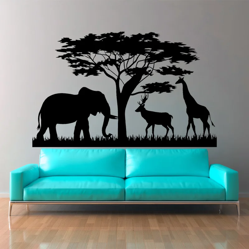 

African Forest Animals Elephant, Giraffe, Deer Wall Sticker Vinyl Home Decor for Living Room Bedroom Decals Mural Wallpaper A924