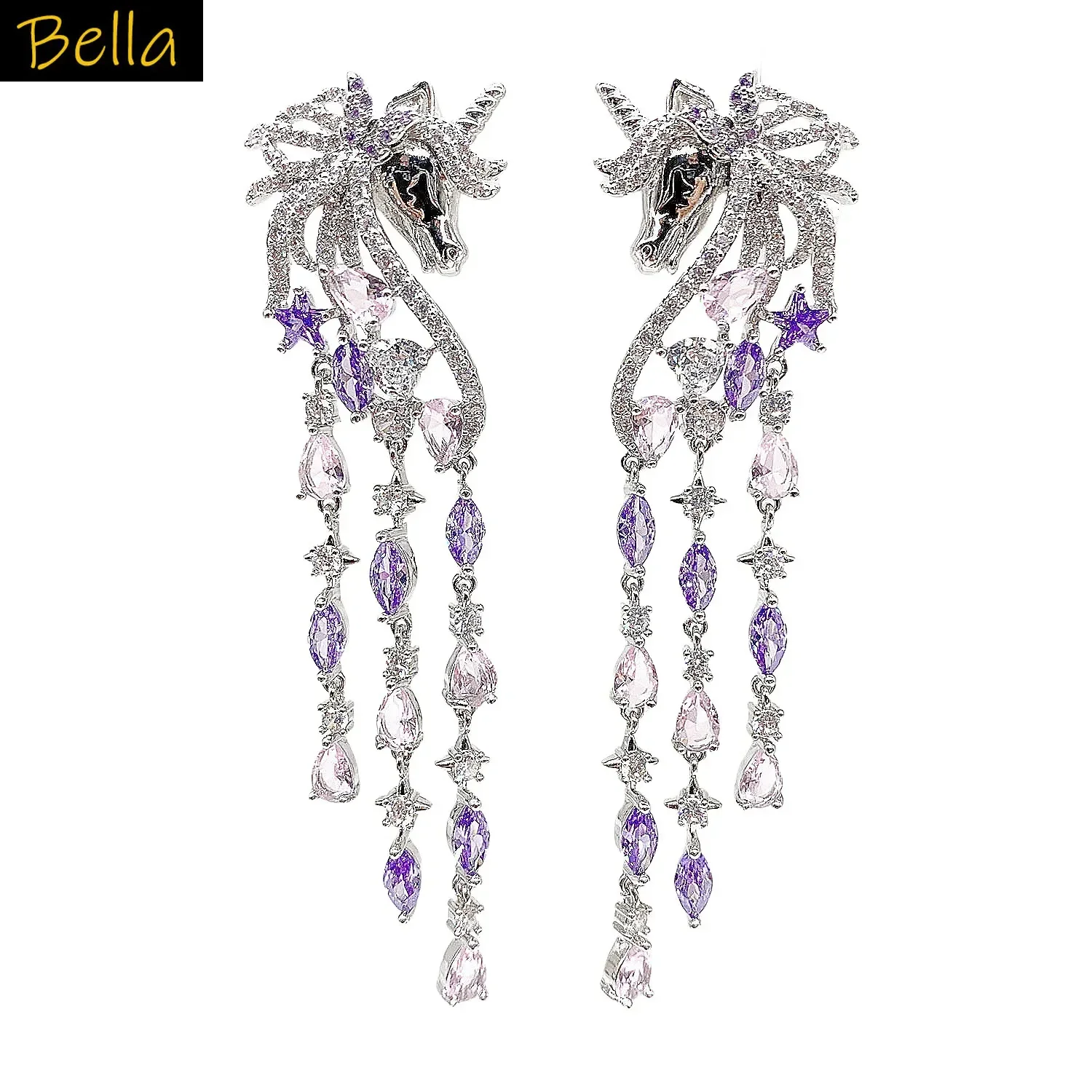 

unicorn earrings for women gala event jewelry long tassel dangling earrings zircon silver gold color black jewelry