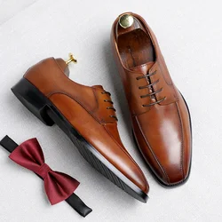 Designer Men's Leather Shoes Black Square Toe Dress Derby Shoes Fashion Formal Wedding Gentleman Lace-ups Zapatos De Hombre