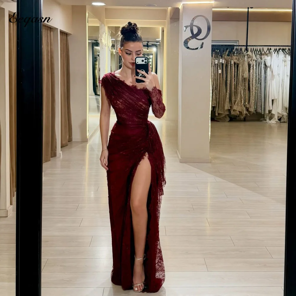 

Вечерние платья Eeqasn на заказ: с одним плечом, высоким разрезом, кружевом, плиссировкой, драпировкой, силуэт «русалка», длина в пол, для выпускного вечера