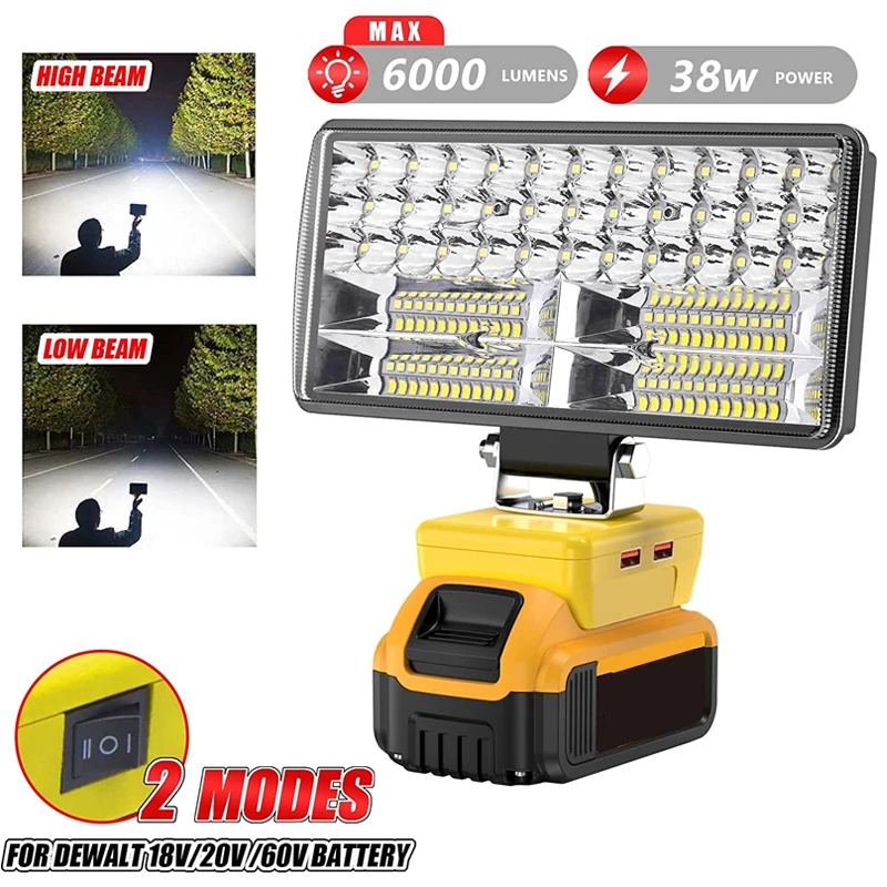 Lampu kerja LED nirkabel 8 inci, lampu kerja cocok untuk Dewalt 18V 20V baterai Lithium 2 mode, senter elektrik portabel USB 5V 2,1 A