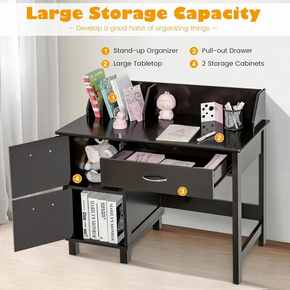 Kids Desk and Chair Set, Children Wooden School Learning Table w/Drawer & Storage Cabinets, Student Writing Computer Workstation