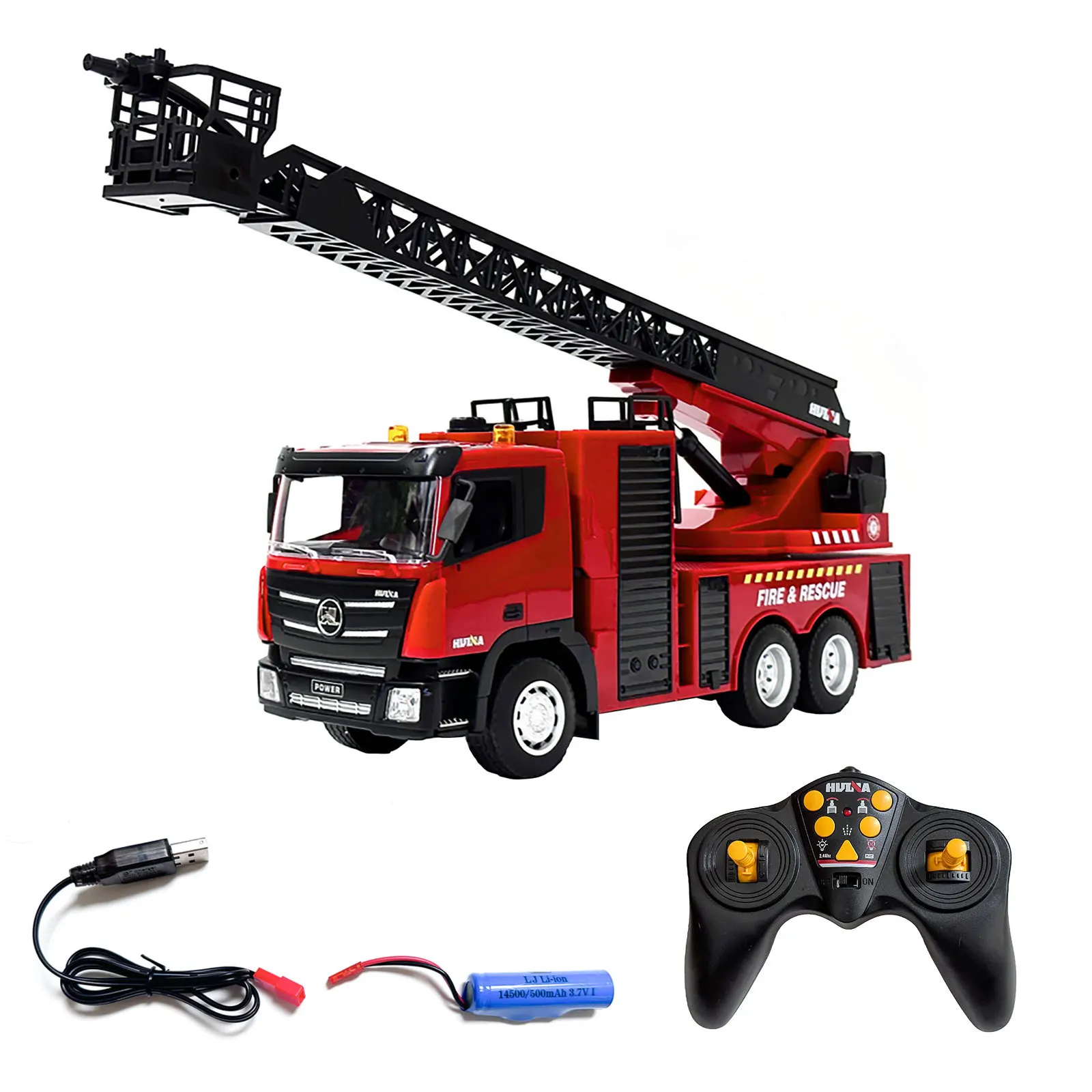 Huina-Big RC Controle Remoto Caminhão de Bombeiros, 9CH, 1:24 Escala Fire Rescue Car, Simulado Escada, Carro Pulverização Brinquedos de Água,