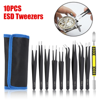 ESD Tweezers Precision Anti-Static 10Pcs/Set Curved Straight Tweezers Industrial Repair Tools Stainless Steel