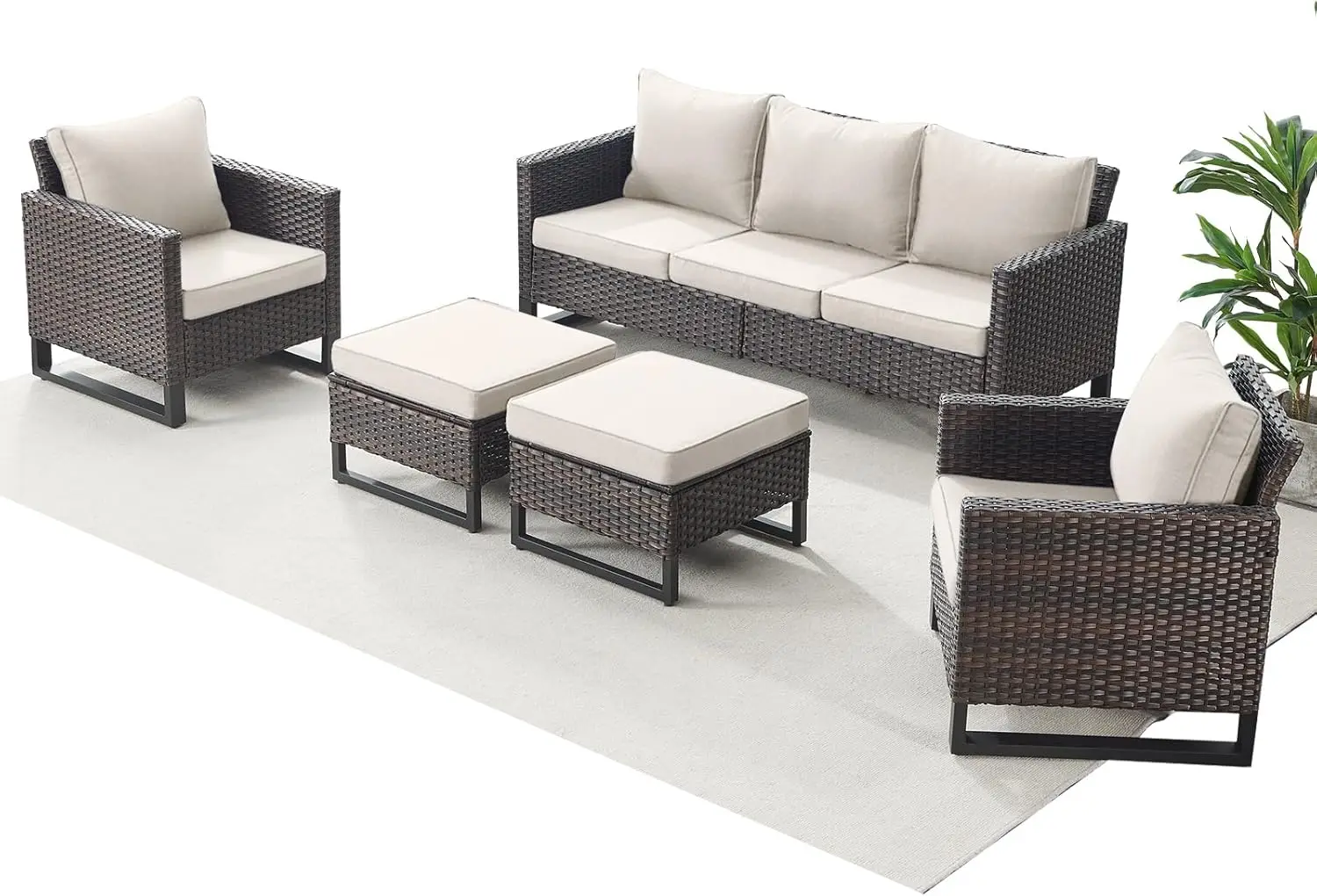 Outdoor Pátio Móveis Sofá Set, Conjuntos de Vime Conversa, PE Rattan secional Set para Varanda Jardim, marrom e bege, 5 PCs