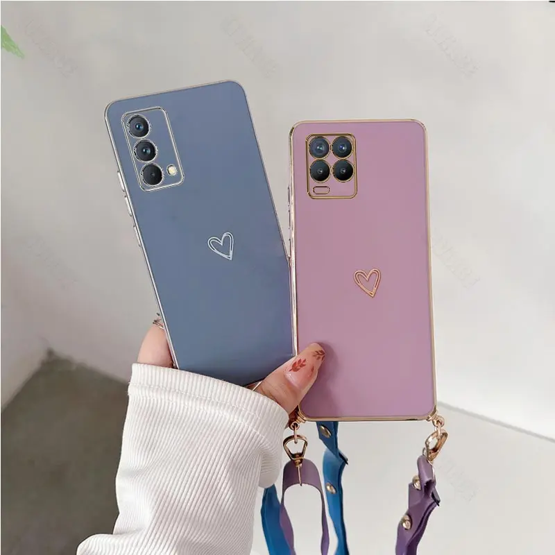 Realme8 Love Heart Crossbody Lanyard Strap Plating Phone Case On For Oppo Realme 8 8i 5 7 9 9i 10 12 Pro Plus 4G 5G V25 Cover