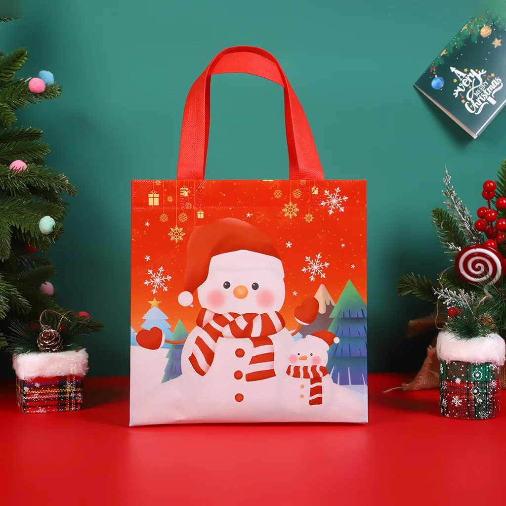 Christmas Gift Bag Non Woven Cute Santa Reindeer Print Reusable Candy Tote Bag Kids Holiday Present Packaging Xmas Party Favors