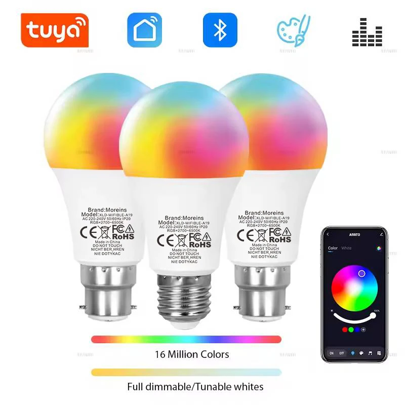 Tuya Bluetooth LED Bulb Dimmable 15W 18W E27 B22 220V RGBCW Color Change Lamps  Smart Life APP Group Control Music Rhythm Timing