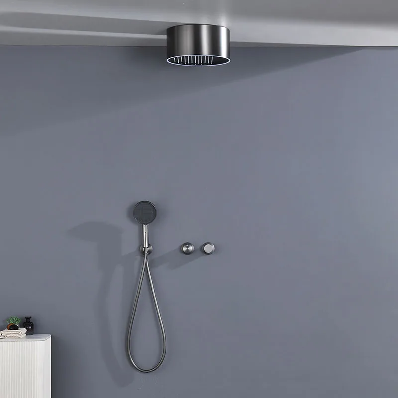 

Серый душевой набор с атмосферной подсветкой, круглая душевая лейка с эффектом водопада, латунный скрытый смеситель для горячей и холодной воды.