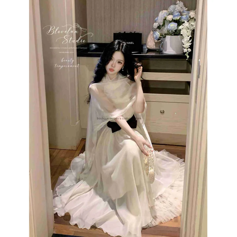 

Blovelan Mirror Flower Water Moon High-End Illusion Sheer Multi-Wear Waist-Cinching Elegant Light White Long Dress Customized