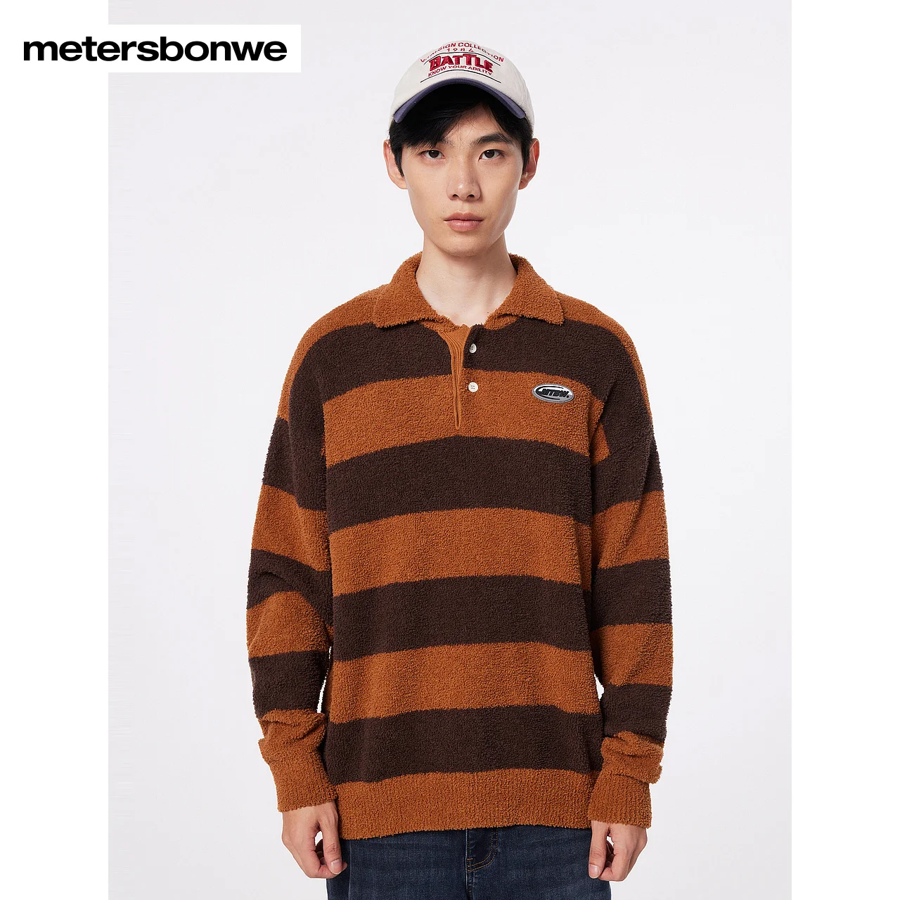 Metersbonwe-Men's Striped Sweater Jumper Polo Collar Color Clash Soft Tops Pumpkin Color Halloween Casual Winter