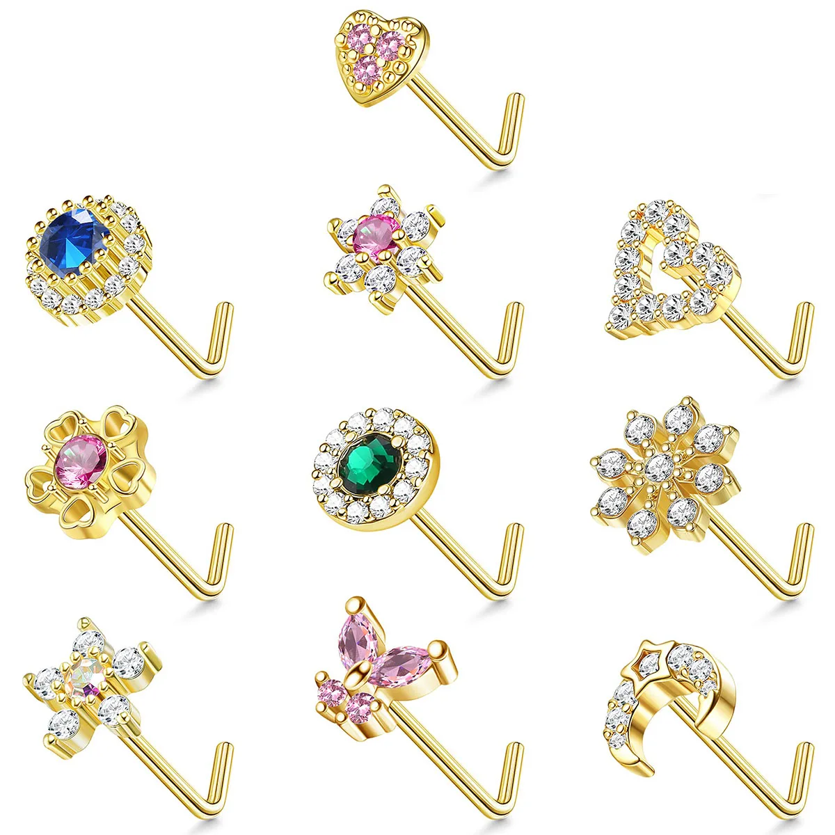 10Pcs Nose Studs L Shaped Nose Rings Studs for Women Opal CZ Heart Butterfly Nose Piercing Jewelry