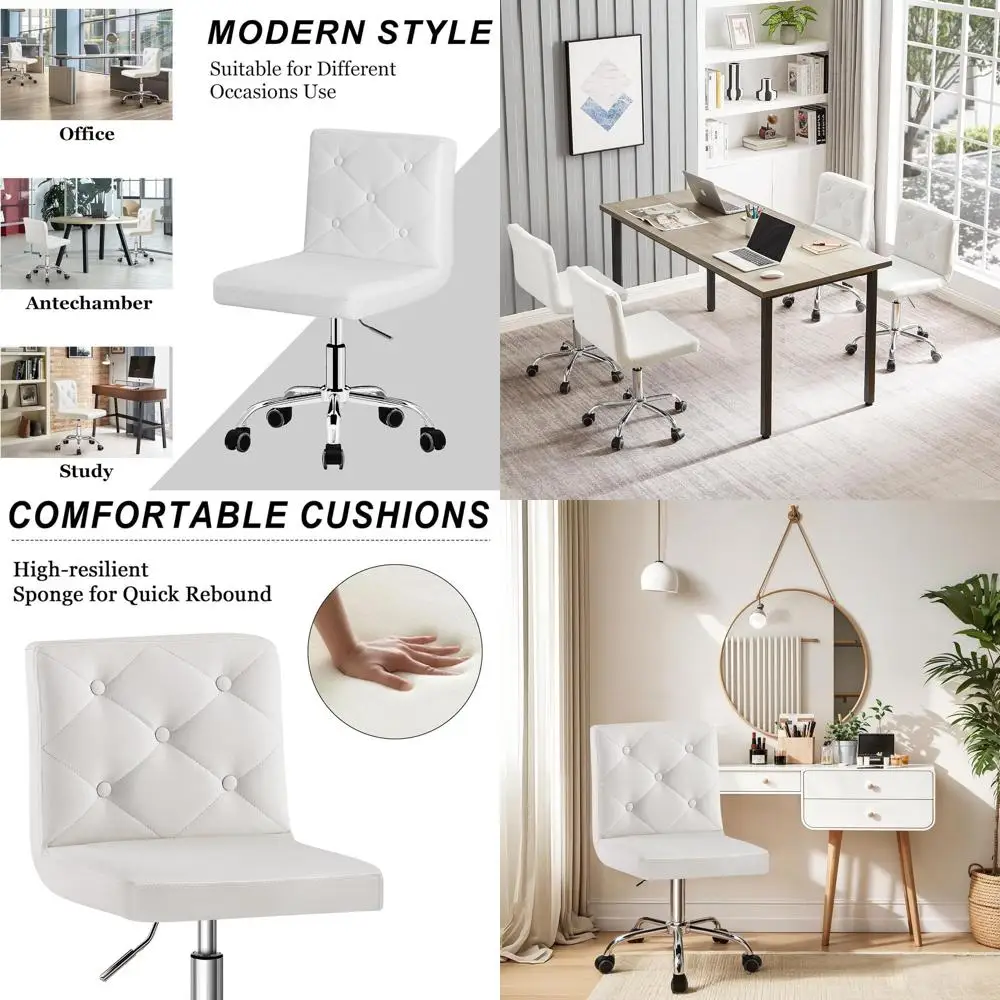 

White Adjustable Height Swivel Armchair with PU Leather Back for Home or Office Use