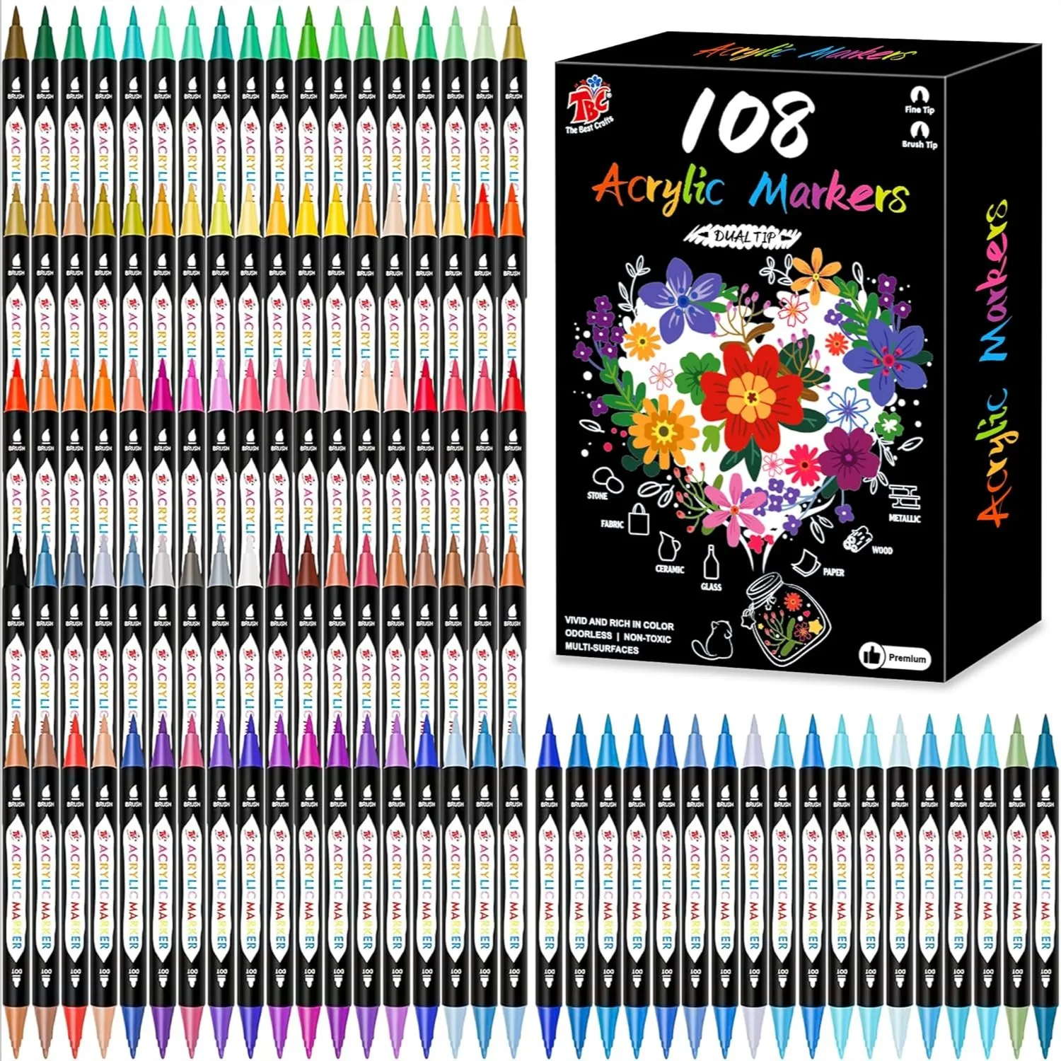 

108 Colors Dual Tip Acrylic Paint Markers with Fine and Round Tips for Canvas, Wood, Glass, and More