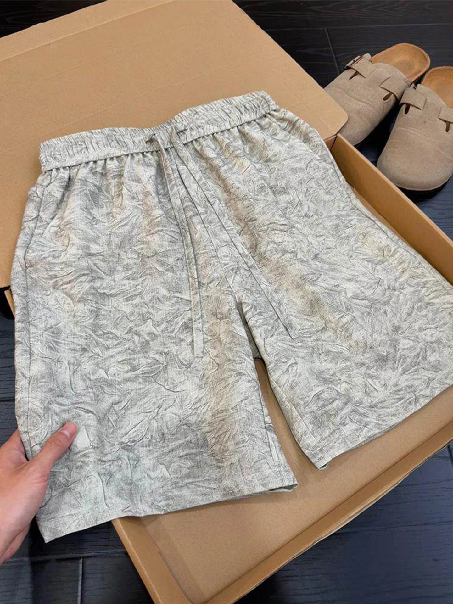 

Men's Five-Point Sporty Short Pants Water-Mark Dyed Imitation Linen Summer Cool Breathable Beach Sports Casual Shorts