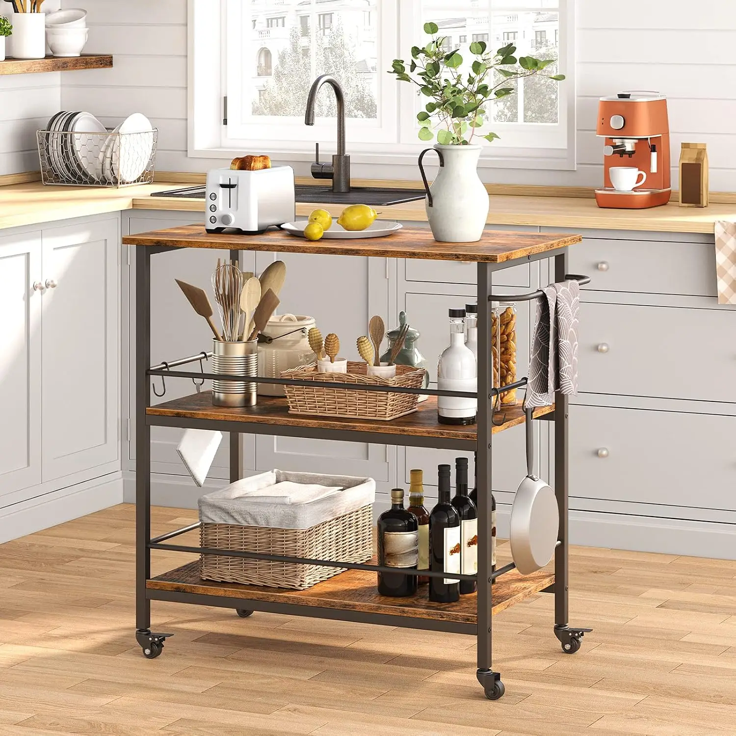 Kitchen Island with Storage, Industrial Kitchen Counter with Hooks and Side Enclosures, 3 Tier Kitchen Cart with Large