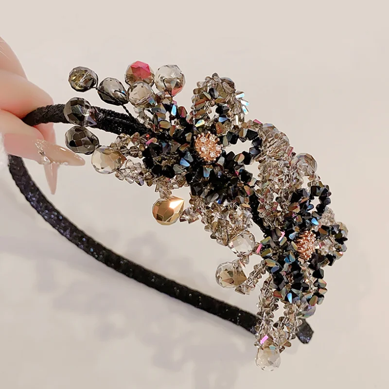 Vintage Hand‑Beaded Floral Headband Handmade Crystal Hair Hoop Hairbands Women Evening Banquet Hair Accessories Headwear