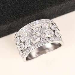 Huitan Hollow Flower Design Wedding Band Women Rings Silver Color Inlaid Shiny Crystal Cubic Zirconia Aesthetic Female Jewelry