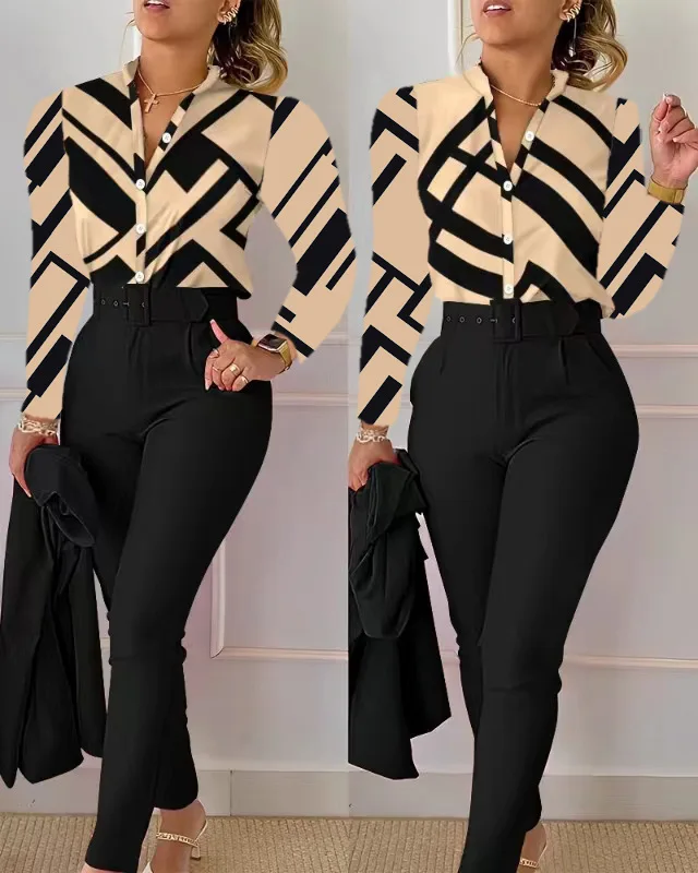 

Two Piece Set Women Outfit 2024 Summer Fashion Printing Stand Neck Long Sleeve Shirt Top & Casual Pocket Daily Pants Set Suits