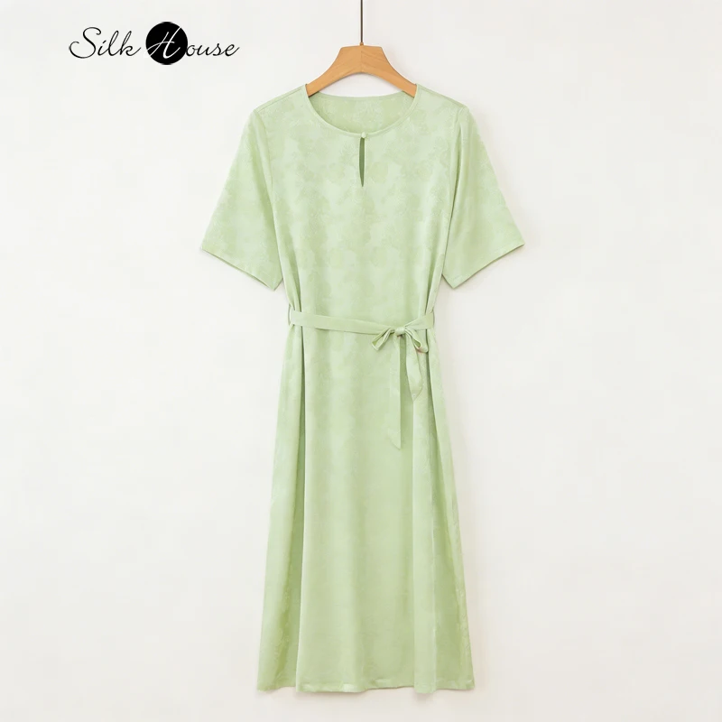 2026Women's Fashion Summer New 19MM 91.8%Natural Mulberry Silk Jacquard Elastic Satin Round Neck Short Sleeve Simple Strap Dress