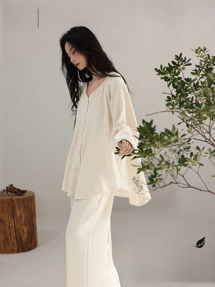 Pure Cotton Sleepwear Women's Long Sleeve 2026 New Autumn Spring Double Layer Cotton Thread High Sense Ladies Home Clothes Set