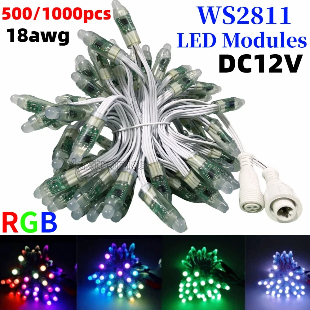 500-1000pcs DC12V 12mm RGB WS2811 LED Module Pixel Light IP68 18AWG White Wire 13.5mm Connector Full-Color Festival Decor Lamps