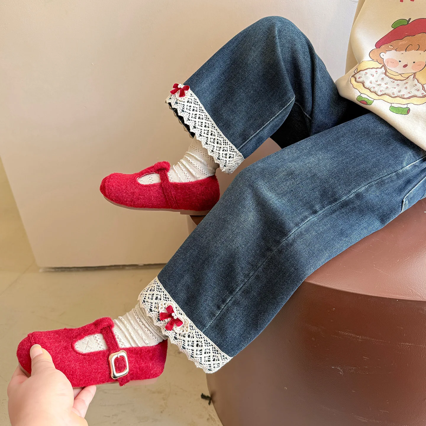 

UNITIM джинсы для маленьких девочек, кружевные плюс флисовые джинсовые штаны для маленьких девочек, модные теплые детские прямые брюки с эластичной резинкой на талии для девочек