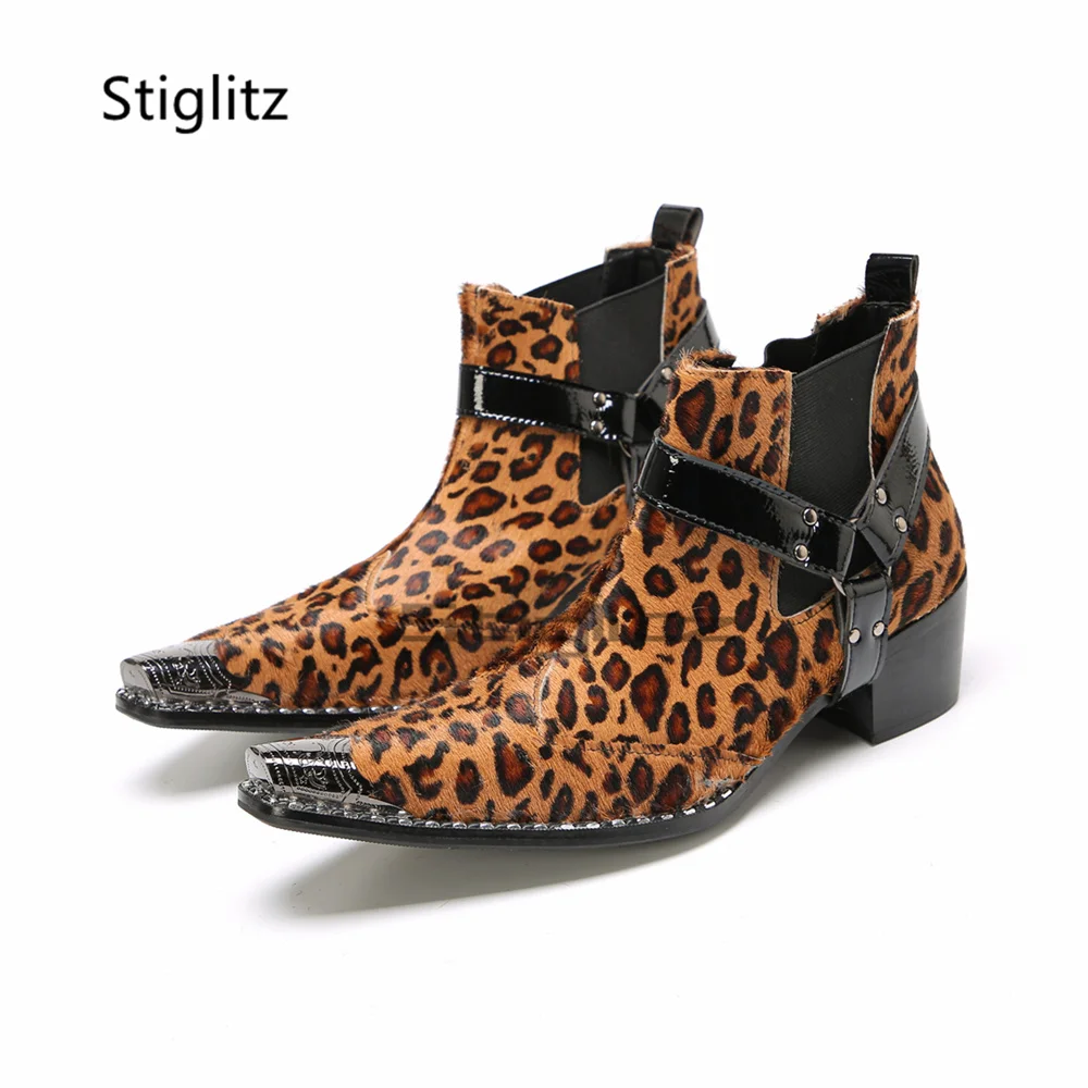Brown Leopard Print Horsehair Chelsea Boots for Men Pointed Metal Toe High Heels Slip On Buckle Strap Ankle Boots Party Shoes