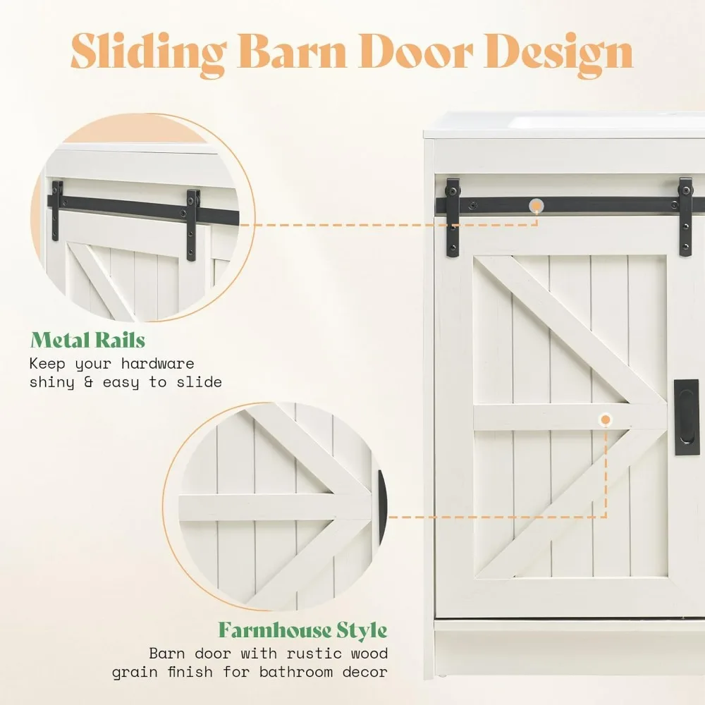 Ensemble d'armoires de rangement avec porte de grange market, armoire de rangement, égouts de proximité, métal Foy, petit évier de vanité de rangement pour salle de bain simple, 31 po