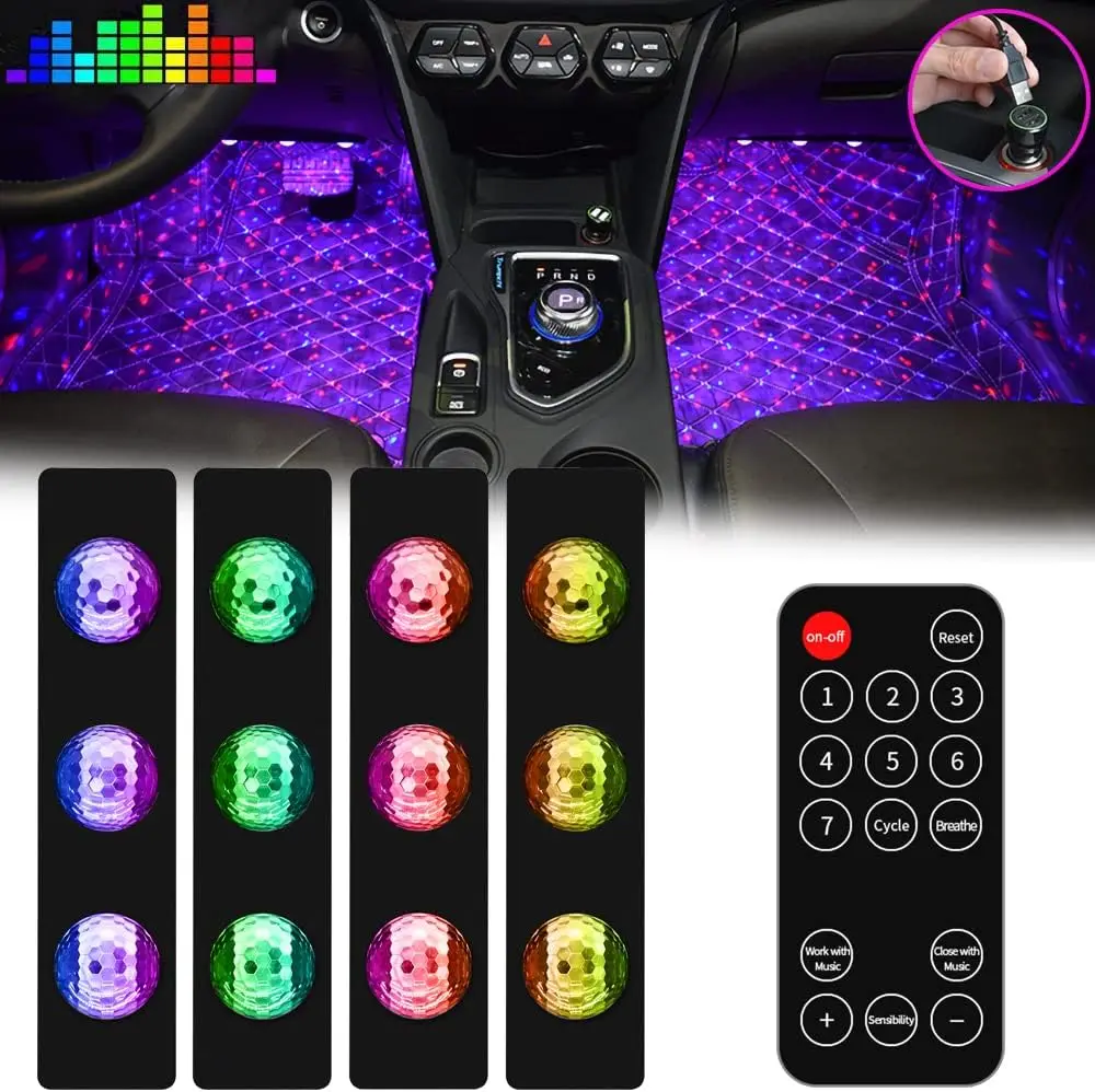 RGB LED car interior atmosphere decoration lights, car foot lights with USB ports, voice remote control, car accessory gifts