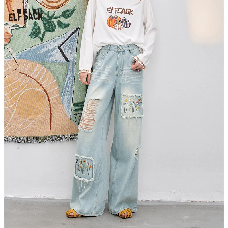 ELFSACK 2025 Summer New Arrivals casual Light-coloured Distressed embroidery wide-leg jeans empire straight embroidery wide-leg