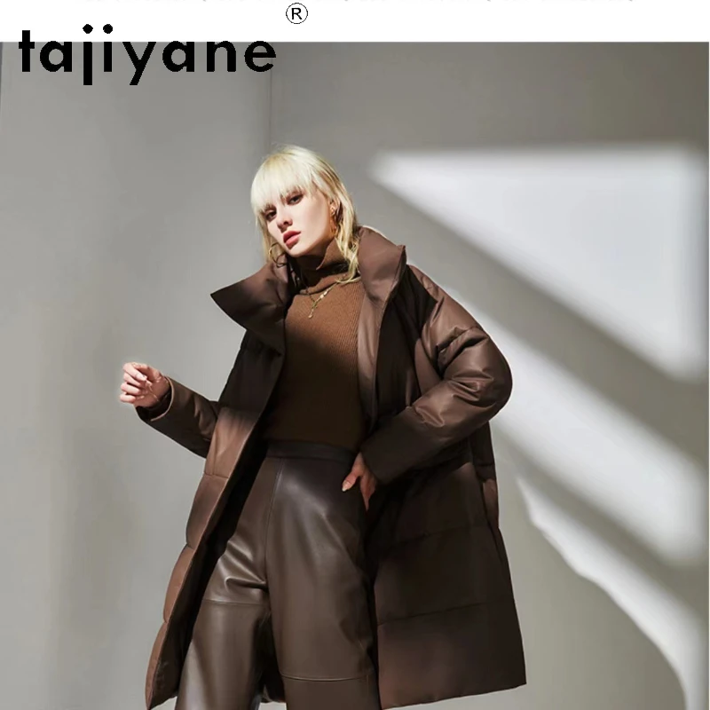 Tajiyane prawdziwa skóra owcza kurtka puchowa damska zimowa biały puch gęsi płaszcze średniej długości stojący kołnierz modne ciepłe parki
