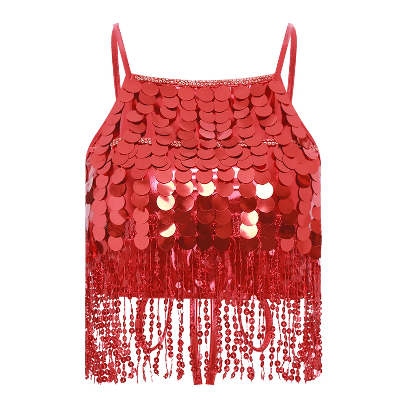 Womens Glanzende Pailletten Latin Buikdans Crop Top Kwastje No-pad Backless Lace-up Bh Tops Salsa Samba Cha-cha Prestaties Kostuum