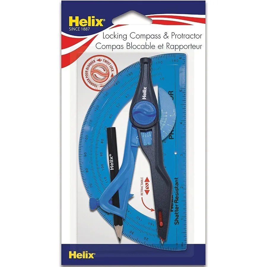 Juego de brújula y transportador de bloqueo de plástico: herramientas de dibujo geométrico de 2 piezas